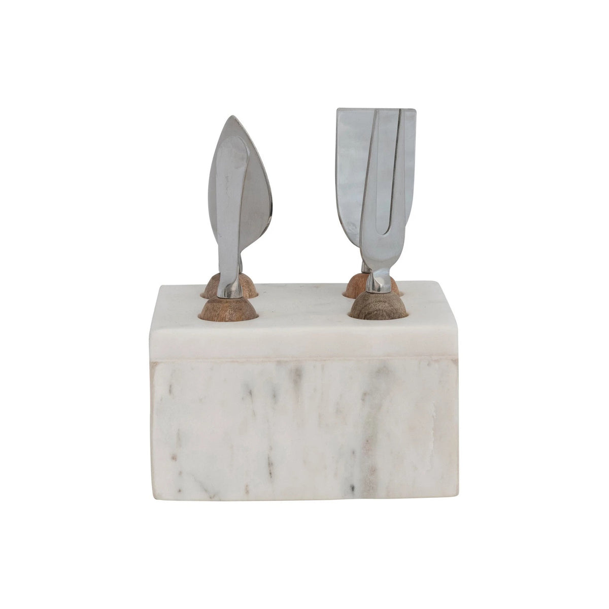 The MARBLE CHEESE SERVER STAND by CREATIVE COOP elegantly displays four stainless steel cheese knives with wooden accents. With artisanal design and unique blades, these servers stand upright against a white backdrop, epitomizing modern elegance in serve ware.