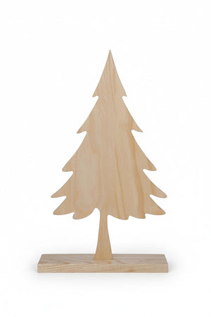 A ZODAX ASH WOOD SILHOUETTE TREE ON STAND 16″ featuring a flat ash wood cutout of a pine tree mounted on a rectangular wooden base.