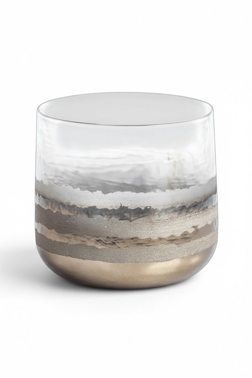 SMOKE HURRICANE 5-inch cylindrical glass hurricane featuring horizontal metallic bands in shades of silver and gold.