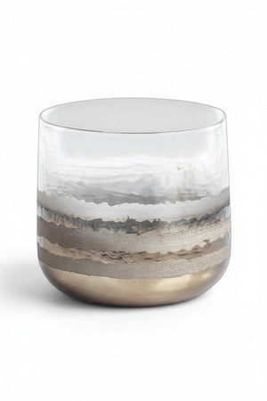 SMOKE HURRICANE 5-inch cylindrical glass hurricane featuring horizontal metallic bands in shades of silver and gold.