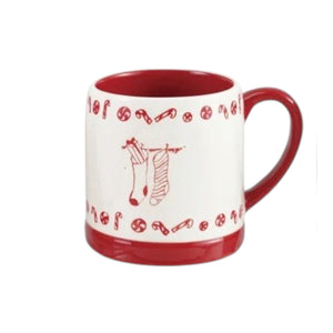 Creative Co-op stoneware mug with holiday design, red and white, featuring a white body with a red interior, base, and handle decorated with a red Christmas tree and string of lights pattern.