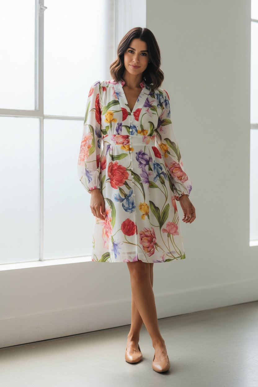 A woman stands against a white background, wearing the LAVI - CETERA FLORAL DRESS, a knee-length, long-sleeve dress by LAVI featuring a vibrant botanical print. She pairs it with open-toed sandals, her hair pulled back and her expression neutral.