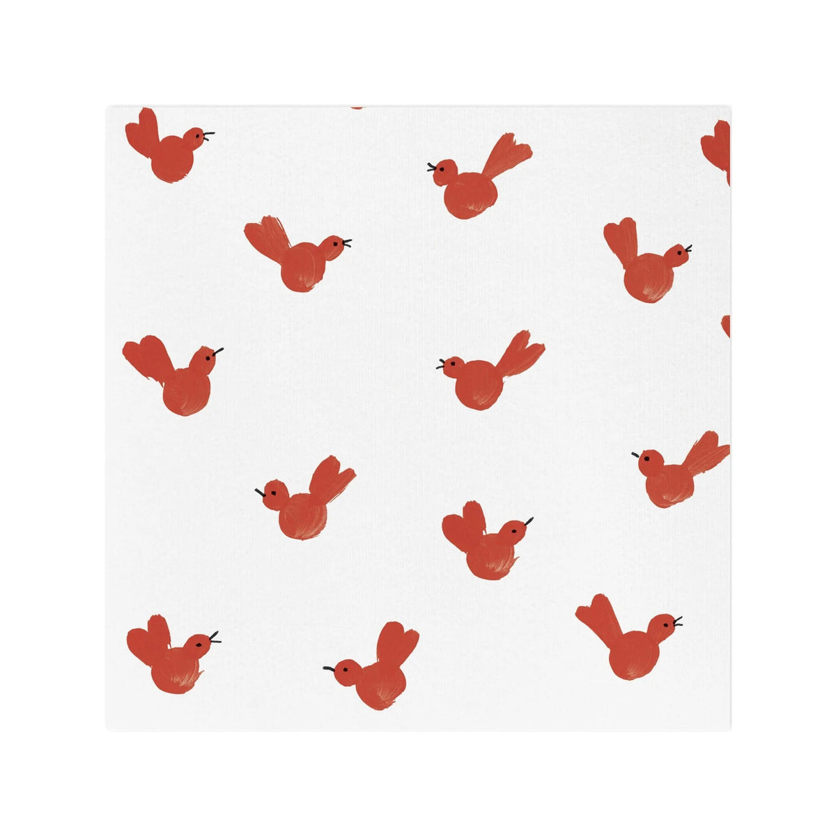 RED BIRD COCKTAIL NAPKIN: white cocktail napkins featuring a repeating pattern of small, hand-painted style red birds.