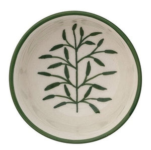 CREATIVE COOP's HAND-PAINTED STONEWARE BOWLS WITH BOTANICAL DESIGN, some holding green peppers or grains, are arranged on a light beige surface—each bowl highlights its unique handcrafted artistry.
