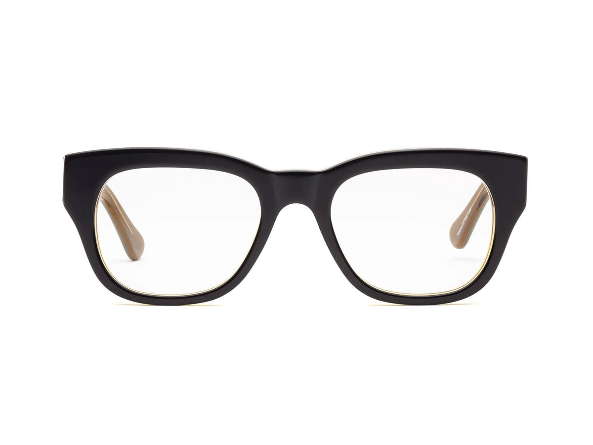 The CADDIS - MIKLOS PROGRESSIVE READERS by CADDIS are black, thick-rimmed rectangular eyeglasses with scratch-resistant lenses and beige inner arms, displayed against a white background.