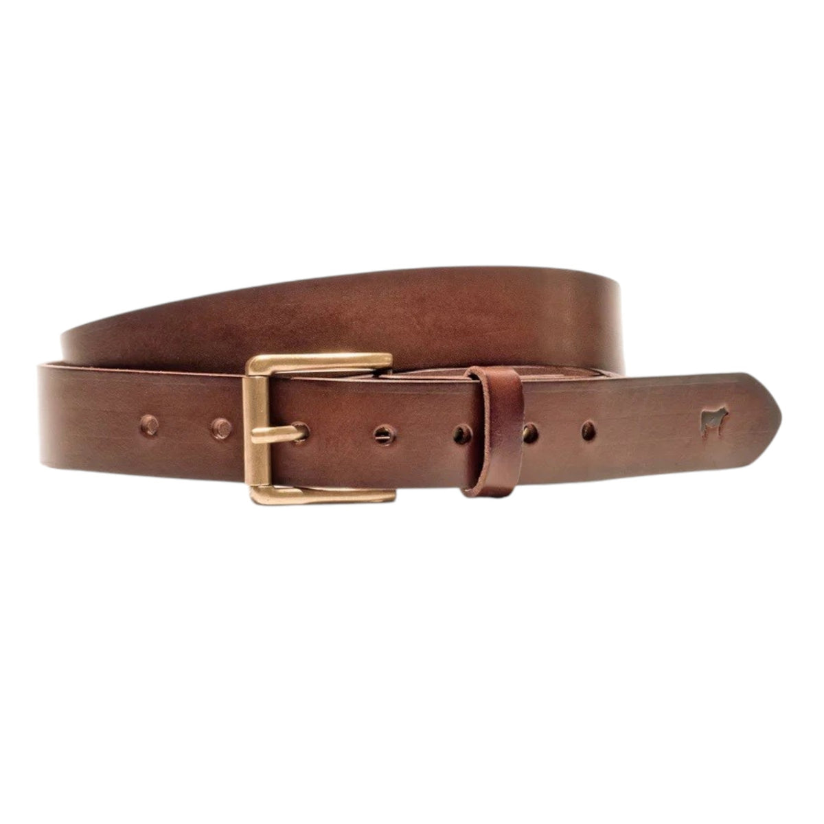 The WILL LEATHER GOODS - SADDLE BELT is a brown full-grain leather belt with a metal buckle and an embossed animal logo near the end, coiled on a plain white background—a timeless classic from WILL LEATHER GOODS for jeans.