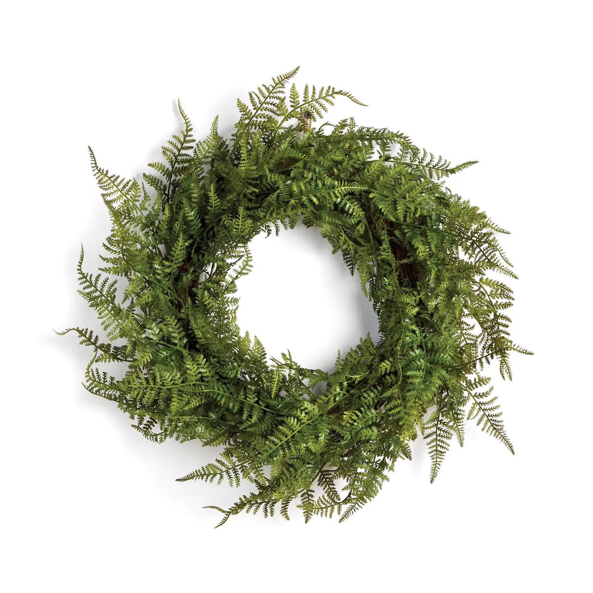 The NAPA HOME AND GARDEN - FERN WREATH 18&quot; features lush faux fern leaves arranged for a dense, textured look, ideal for interiors. Its vibrant green foliage stands out beautifully against a plain white background.