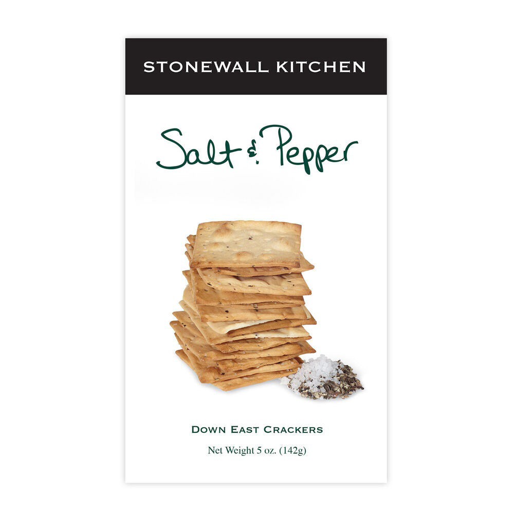 A box of STONEWALL KITCHEN - SALT AND PEPPER CRACKERS is displayed. The packaging features a black top panel with the brand name "STONEWALL KITCHEN," a stack of thin salt and pepper crackers in the center, and a small pile of sea salt and black pepper at the bottom right. The net weight is 5 oz (142g).