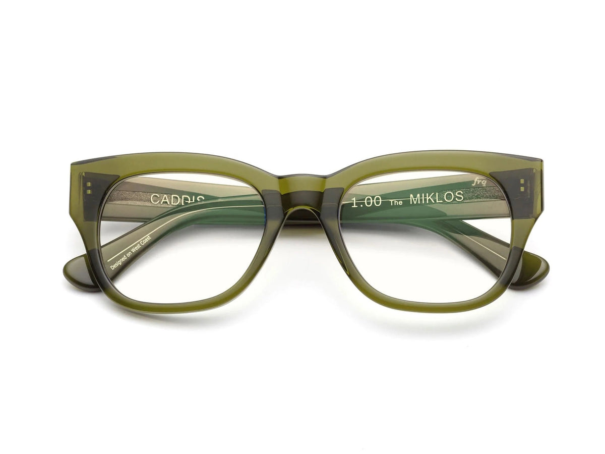 Front view of CADDIS - MIKLOS PROGRESSIVE READERS by CADDIS, featuring thick, transparent olive green premium acetate frames and clear, scratch-resistant lenses.