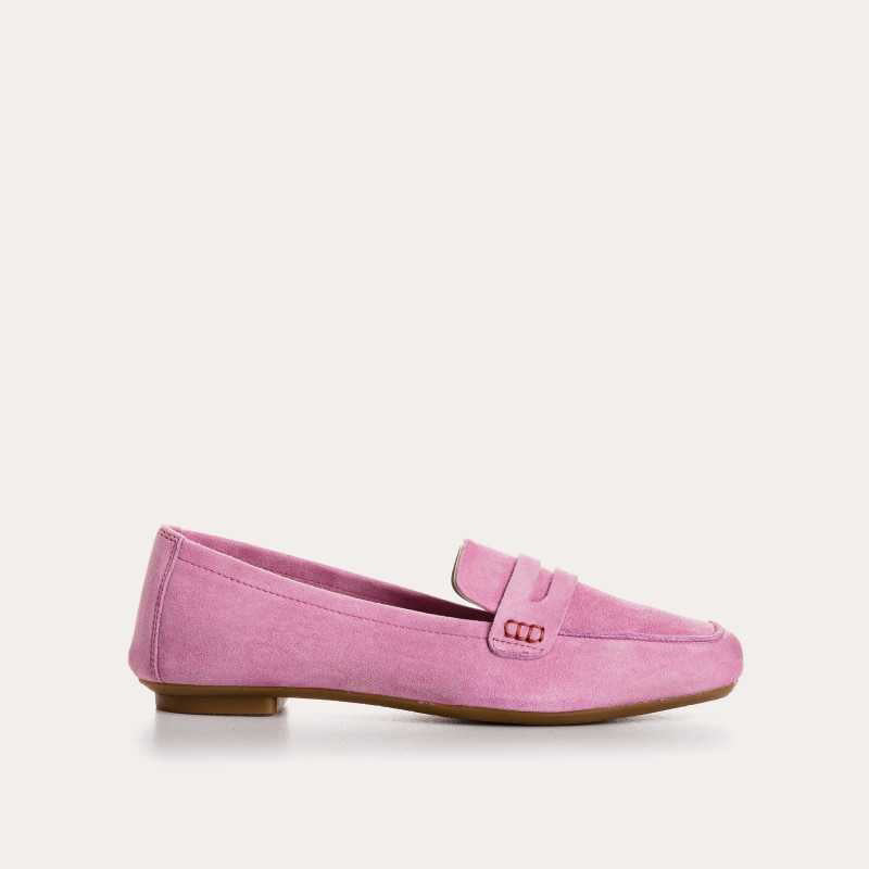 Top view of the REQINS - HEMA SUEDE LOAFER IN PINK by REQINS, featuring a square toe, decorative strap, and leather insole, displayed on a light background.