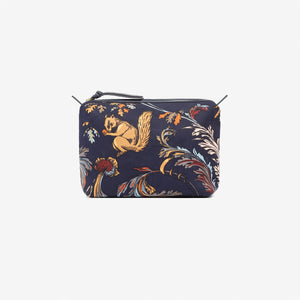 A rectangular zippered cotton case by INOUI, the ROCOCO SQUIRREL CITY CASE features a dark background, colorful rococo-inspired florals, whimsical prints of squirrels, Italian leather accents, and a front "INOUI EDITIONS" label.