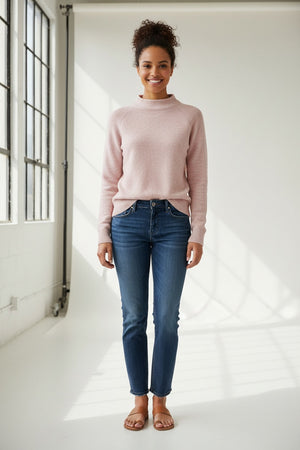 The KINROSS MARLED GARTER FUNNEL COTTON SWEATER in coral features long sleeves, a cotton funnel neck, and ribbed cuffs and hem, shown on a plain white background.