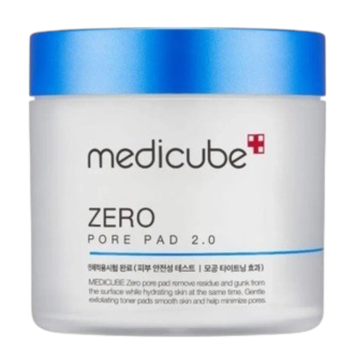 A hand holds a round, textured exfoliating pad above an open jar of KOSMIC KBEAUTY SKINCARE MEDICUBE - ZERO PORE PAD 2.0, 100ML, with its blue lid set aside on a plain white background.