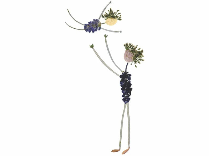 The PETAL PEOPLE PRESS Father's Day card shows a whimsical illustration on FSC-certified cardstock with two figures made of pressed flowers and leaves. The taller figure lifts the smaller one, both featuring leafy limbs and bodies adorned with vibrant purple flowers.