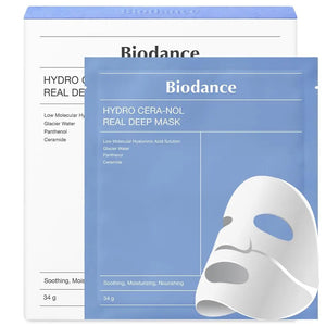 The blue and white packaging for GLOWISS's BIODANCE Hydro Cera-nol Real Deep Overnight Mask is shown, highlighting its hypoallergenic formula. A closed packet with key ingredients like glacial water, hyaluronic acid, panthenol, and ceramide is in front, set against a matching box backdrop.