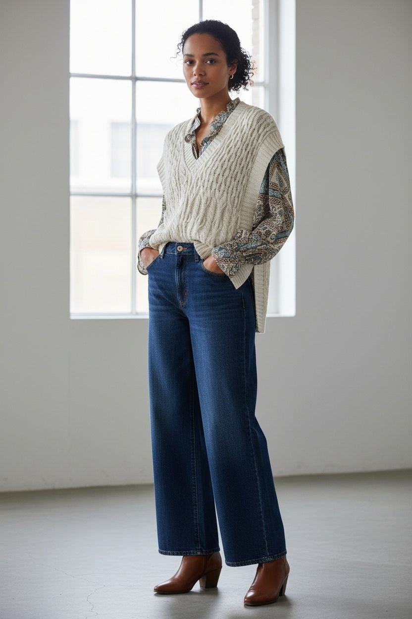 A woman with straight brown hair wears the MOMONI - ARENE KNIT VEST by MOMONI, a cream cable knit sweater vest made in Italy, styled over a patterned shirt and white pants, standing against a neutral background.