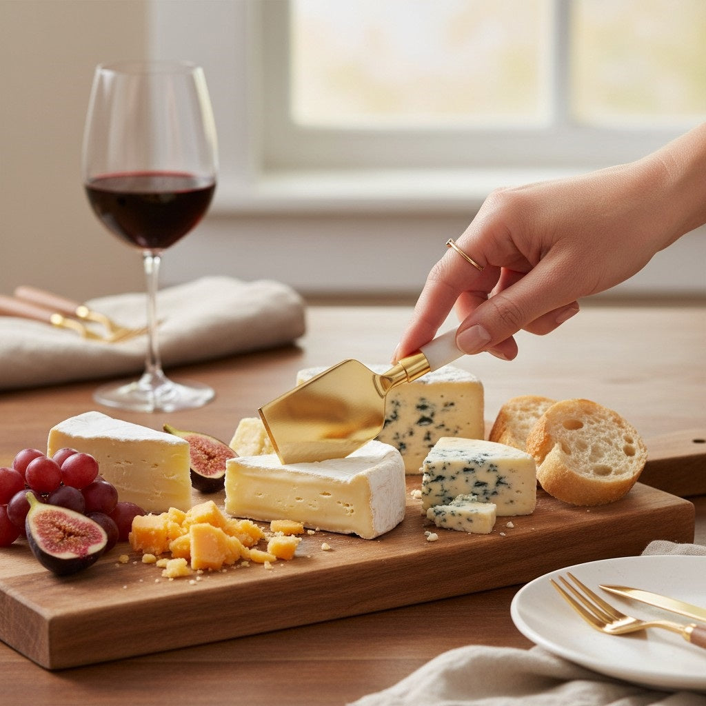 The BE HOME - GARNET CHEESE SET by BE HOME, INC features three elegant cheese knives with gold-toned blades and white handles accented with wood—perfect for elevating your charcuterie spread in both style and function.