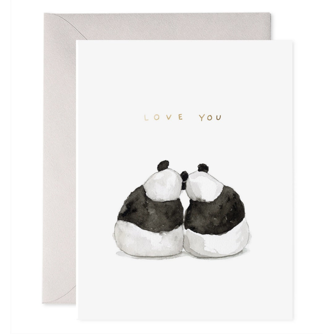 The E. FRANCES PAPER - PANDA PAIR CARD features two watercolor pandas sitting back-to-back, embellished with "LOVE YOU" in gold foil. It is presented with a light gray envelope and crafted on luxe heavyweight paper by E. FRANCES PAPER.