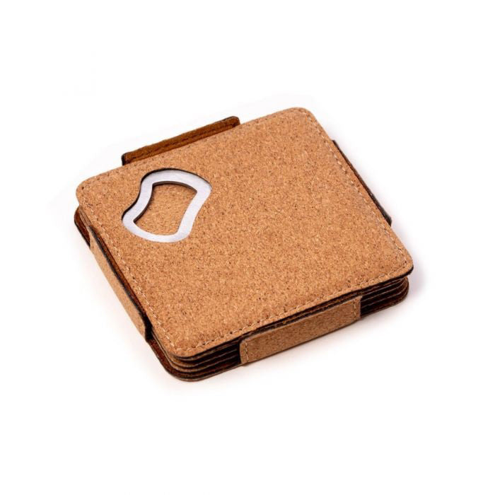 The BEYBERK INTERNATIONAL CAMERON COASTER SET WITH OPENER features four square brown cork coasters for home bars, stacked neatly with one coaster's built-in metal bottle opener displayed in front, all on a white background.