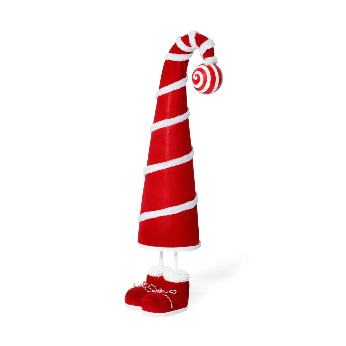 The ZODAX WHIMSICAL CANDY CANE HAT FIGURE is a tall red hat with white trim and spiral stripes, standing on two legs in red shoes. Measuring 10.16 x 48.26 cm, it features a curled tip with a peppermint ornament.