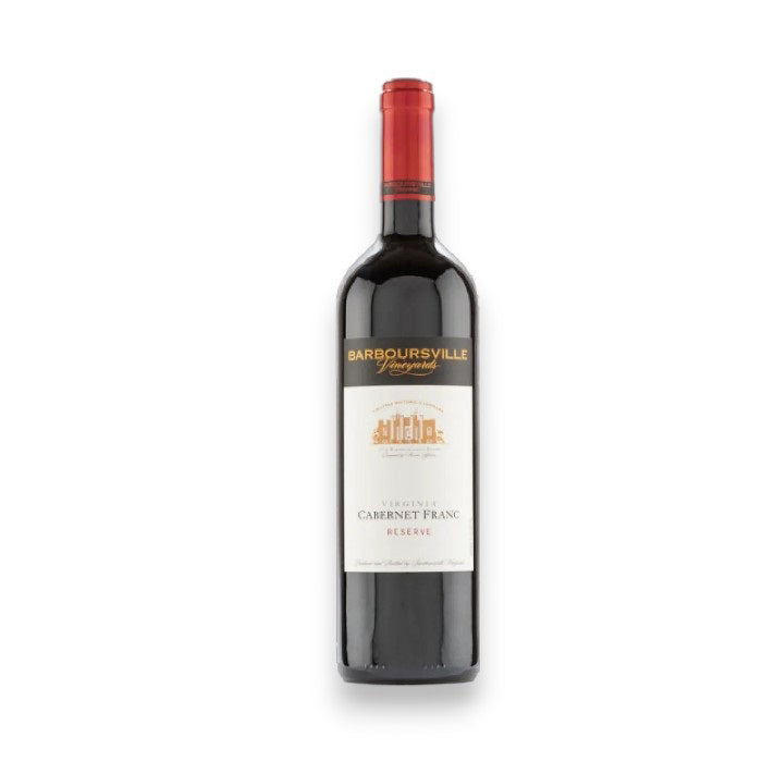 A bottle of BARBOURSVILLE CABERNET FRANC 2022/2023 by WINE: WINEBOW, a Virginia red wine with a red foil top and a white label featuring gold and black text plus a building illustration.