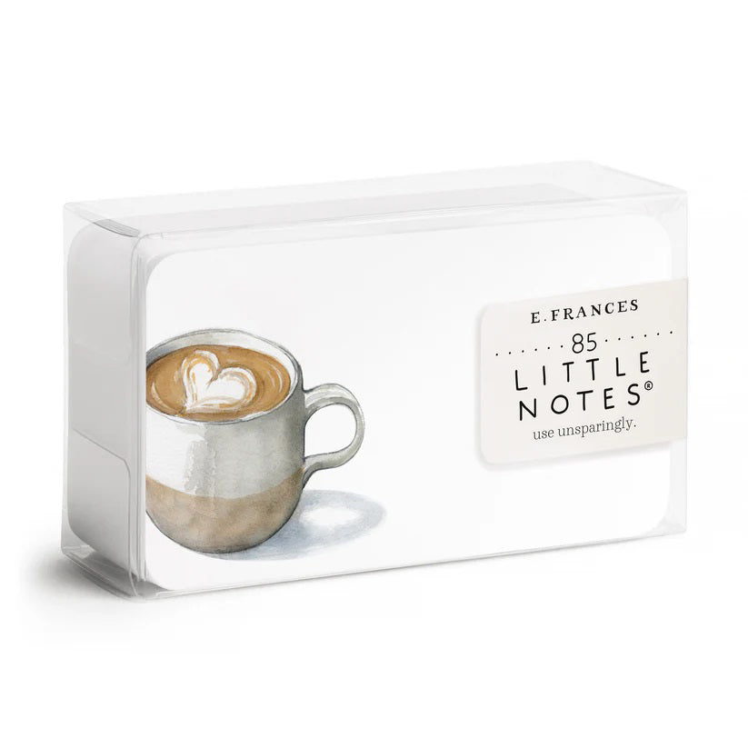 The "E. FRANCES PAPER - LATTE LITTLE NOTES" features a lovely watercolor illustration of a coffee cup with latte art, prominently displayed in clear packaging, inviting you to use all 85 notes generously.