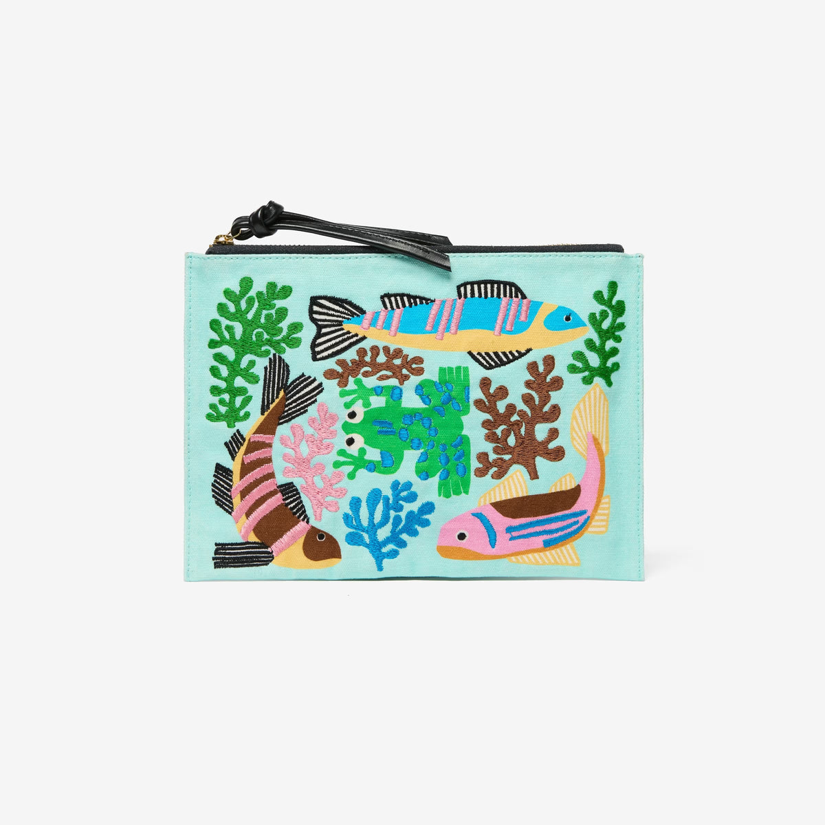The INOUI EDITIONS - SPLASH EMBROIDERED POUCH by INOUI showcases a rectangular design with vibrant, hand-embroidered fish and coral on a light blue backdrop. This pouch features seaweed in shades of green, pink, blue, and brown, highlighting exquisite textile art.