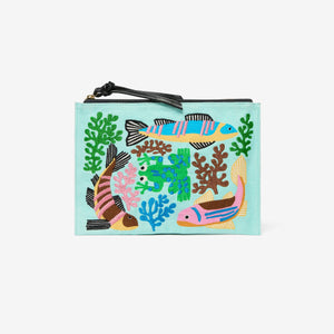 The INOUI EDITIONS - SPLASH EMBROIDERED POUCH by INOUI showcases a rectangular design with vibrant, hand-embroidered fish and coral on a light blue backdrop. This pouch features seaweed in shades of green, pink, blue, and brown, highlighting exquisite textile art.