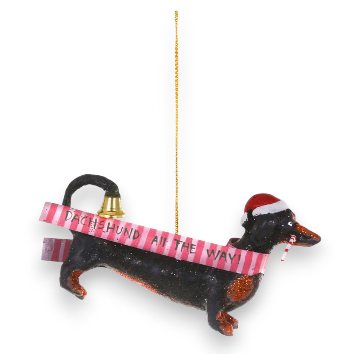 The CODY FOSTER DACHSUND ALL THE WAY ORNAMENT features a dachshund in a Santa hat holding a candy cane with a &quot;Dachshund All The Way&quot; banner—ideal for collectors and festive décor.