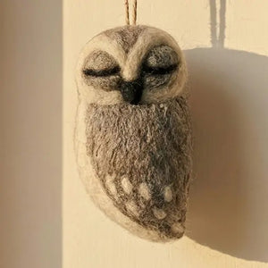 GREY OWL ORNAMENT by FELT SO GOOD, a needle-felted owl with closed eyes and textured grey and white wool, perfect for woodland themed decor.