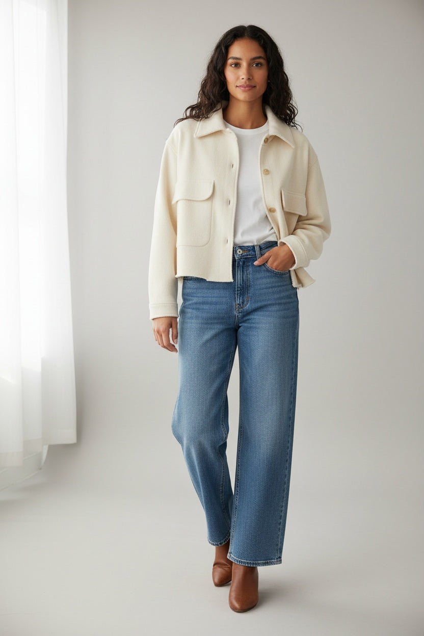 A woman with curly hair stands outside in a garden, wearing the FRANK &amp; EILEEN Rowan Sweatshirt Utility Jacket in Triple Fleece Vintage White and blue jeans. A white house, greenery, and stone steps are visible in the background.