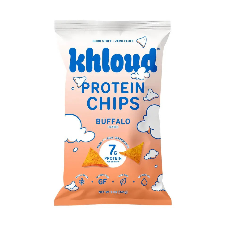 Bag of KHLOUD FOODS’ KHLOUD-BUFFALO PROTEIN CHIPS, the perfect game day snack. The orange and white package is decorated with clouds, chips, and bold blue text—spotlighting 7g protein per serving, gluten-free goodness, and real ingredients. Savor the spicy buffalo flavor in every bite. Net weight: 6 oz (170 g).