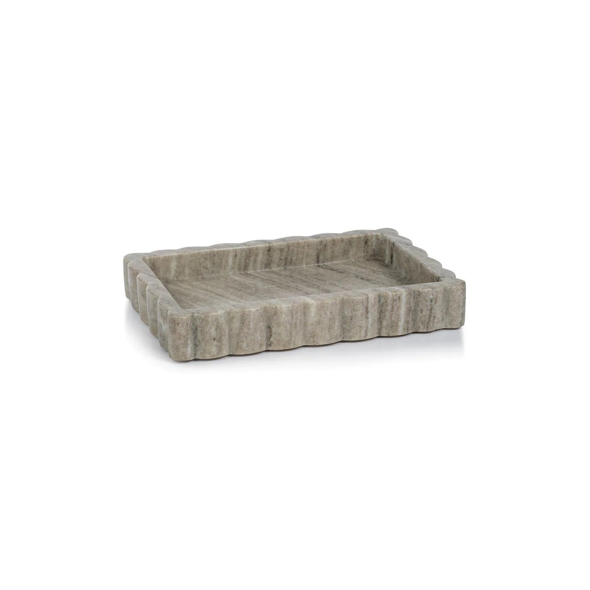 The ZODAX INTRICATE SCALLOP MARBLE TRAY is a rectangular, shallow serving tray crafted from textured gray marble with wavy, scalloped edges, shown on a white background.