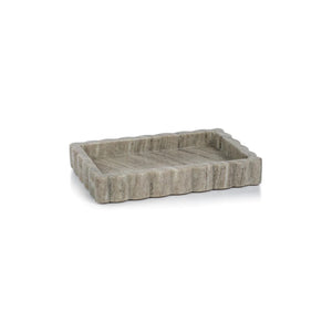 The ZODAX INTRICATE SCALLOP MARBLE TRAY is a rectangular, shallow serving tray crafted from textured gray marble with wavy, scalloped edges, shown on a white background.