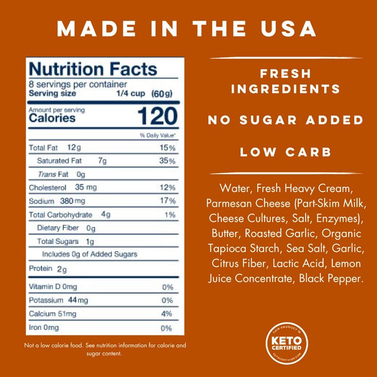 A jar of YO MAMA'S - ROASTED GARLIC ALFREDO by YO MAMA'S FOODS rests on an orange background, featuring a 16 oz (453g) label that boasts "Fresh Ingredients," "No Sugar Added," "Gluten-Free," with roasted garlic and parmesan cheese.