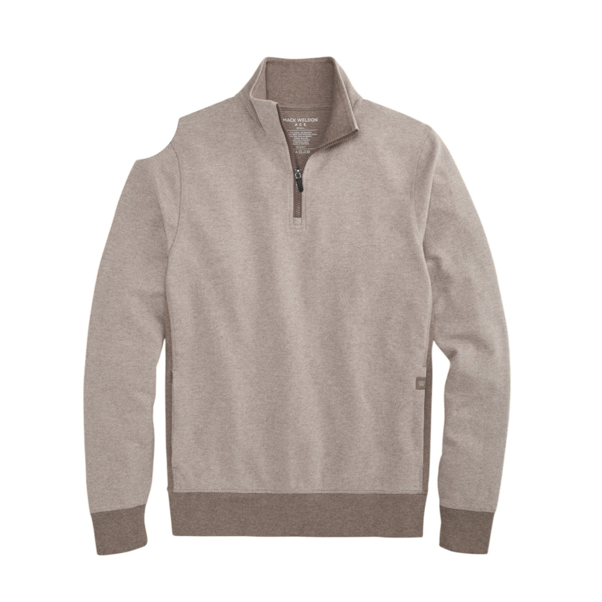 A man wearing a tan Mack Weldon ACE QUARTER ZIP French terry pullover with ribbed cuffs and hem.