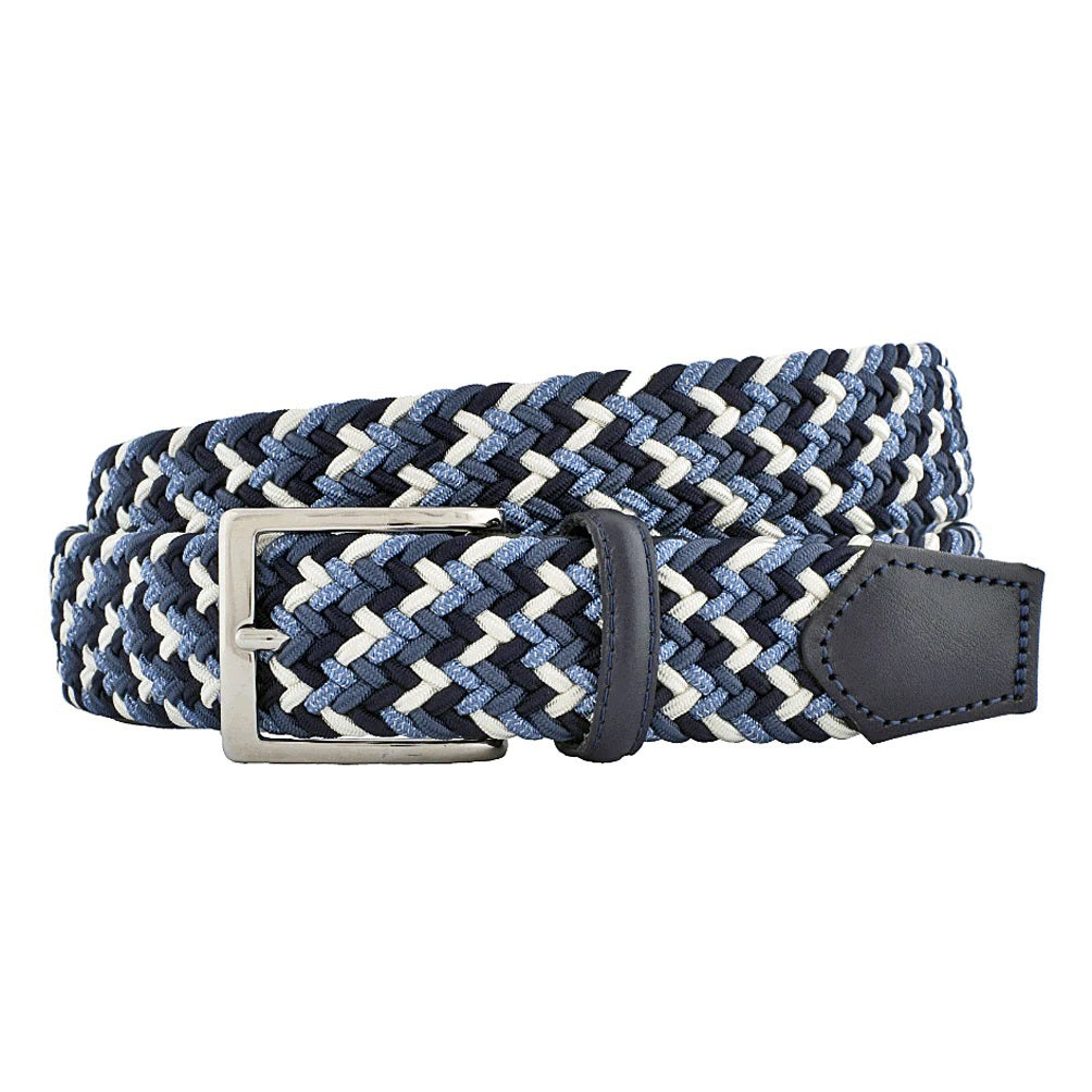 The ATHISON Braided Rayon Stretch Belt in Acqua features a blue, white, and black woven pattern, silver buckle, and vegetable-tanned leather accents.
