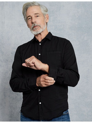 The FRANK & EILEEN Luke Men's Button Up Shirt in Famous Denim Blackout features long sleeves, a chest pocket, and rolled cuffs, shown laid flat on a white background.