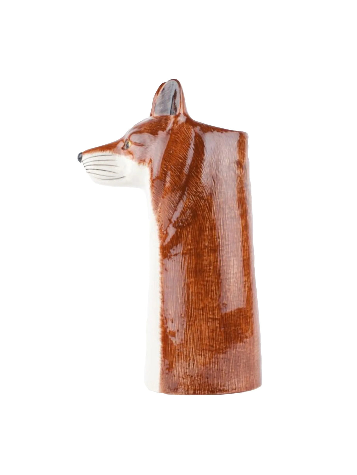 The QUAIL CERAMICS - FOX FLOWER VASE by QUAIL DESIGNS is a handpainted stoneware vase shaped like a fox, featuring detailed facial features and reddish-brown fur, shown upright against a plain white background.