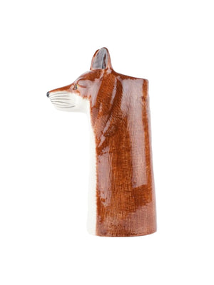 The QUAIL CERAMICS - FOX FLOWER VASE by QUAIL DESIGNS is a handpainted stoneware vase shaped like a fox, featuring detailed facial features and reddish-brown fur, shown upright against a plain white background.