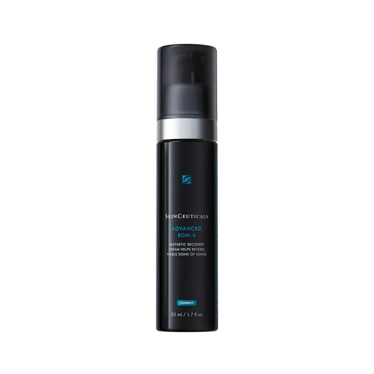 A bottle of SKINCEUTICALS - ADVANCED RGN-6 by SKIN CEUTICALS is displayed on a bold black and red background, highlighting its patented anti-aging formula and six key ingredients for visible skin rejuvenation.