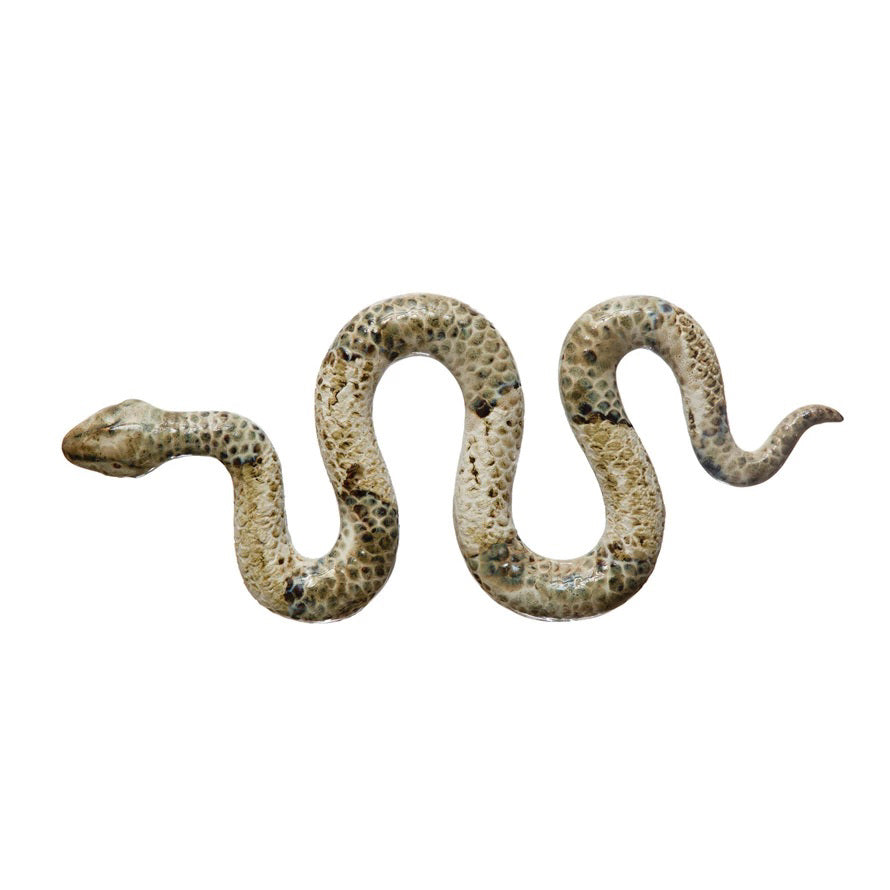 The CREATIVE COOP STONEWARE DECORATE SNAKE is a realistic, coiled figurine with a brown and tan spotted pattern, shown on a white background for a striking decorative touch.