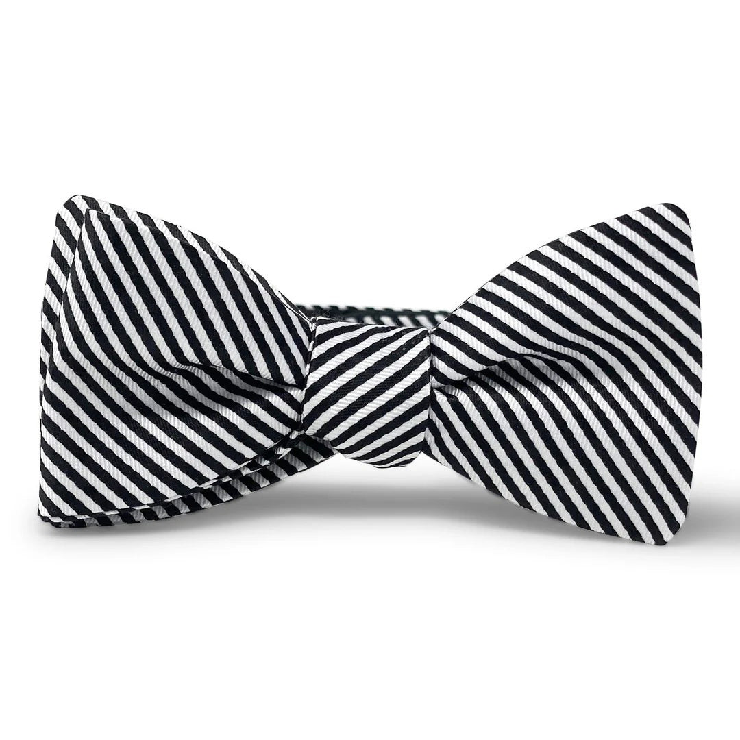 The BIRD DOG BAY COLLARED GREENS Signature Stripe Bow Tie in Black features black and white diagonal stripes, handmade in the USA from silk for timeless elegance, shown neatly tied and centered on a plain white background.