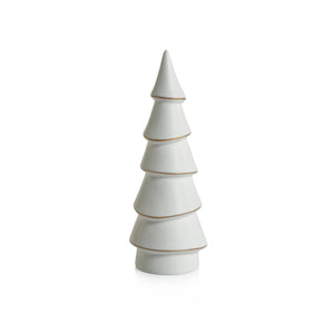 The ZODAX Alpina White Porcelain Tree with Gold Trim (8.5") features five minimalist tiered layers, standing elegantly upright and showcasing refined, modern holiday style.