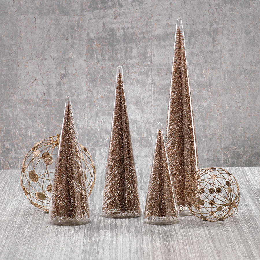 The ZODAX CLEAR GLASS DECORATIVE TREE WITH GLITTER - EXTRA LARGE is a cone-shaped glass ornament featuring a sparkling tree inside; measures 3.5 in x 15.5 in and stands upright on a white background.