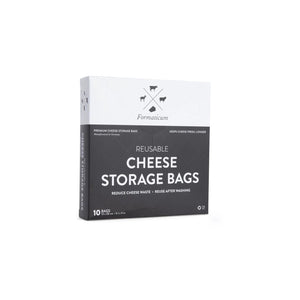 A box of FORMATICUM - REUSABLE CHEESE STORAGE BAGS by FORMATICUM features a white and black design, “Reduce cheese waste” and “Keeps cheese fresher, longer” text, and contains 10 reusable bags.
