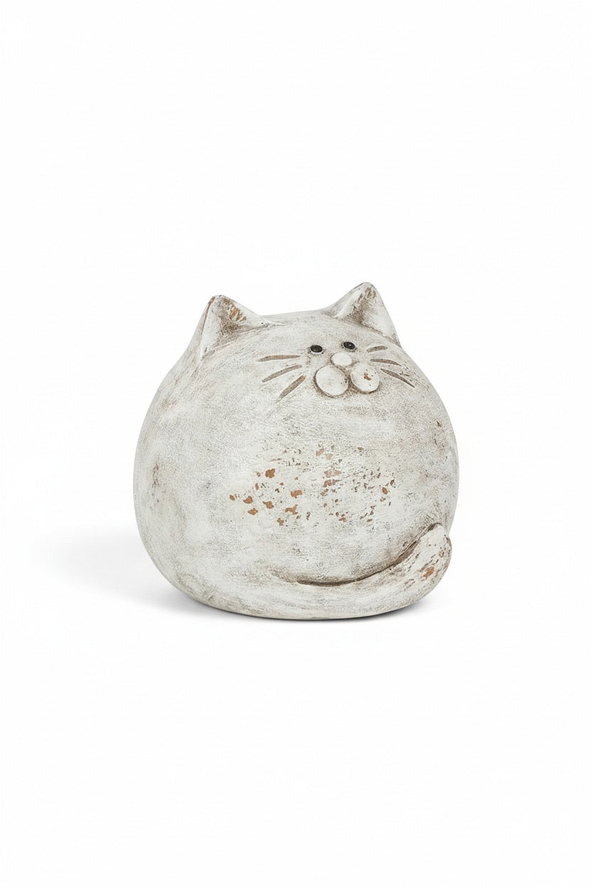 ROUND BALL CAT IN ANTIQUE WHITE figurine, a round, spherical cat with a distressed off-white resin finish.