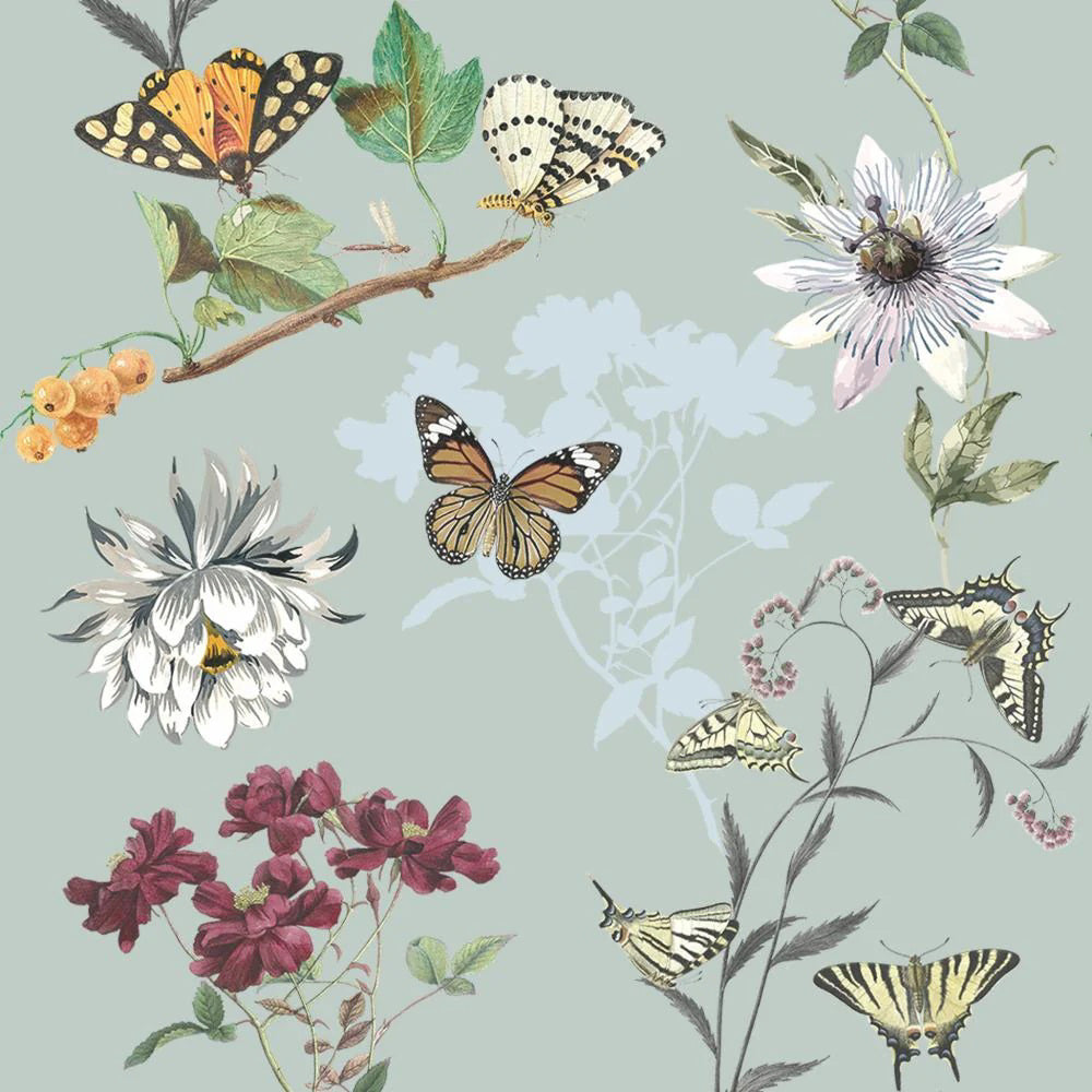 The PUERTO RICO BEVERAGE NAPKINS by PAPER PRODUCTS DESIGN showcase a 3-ply paper adorned with butterflies and diverse flowers on a light green background, featuring daisies, red blooms, and green leaves for vivid detail and vibrant color.