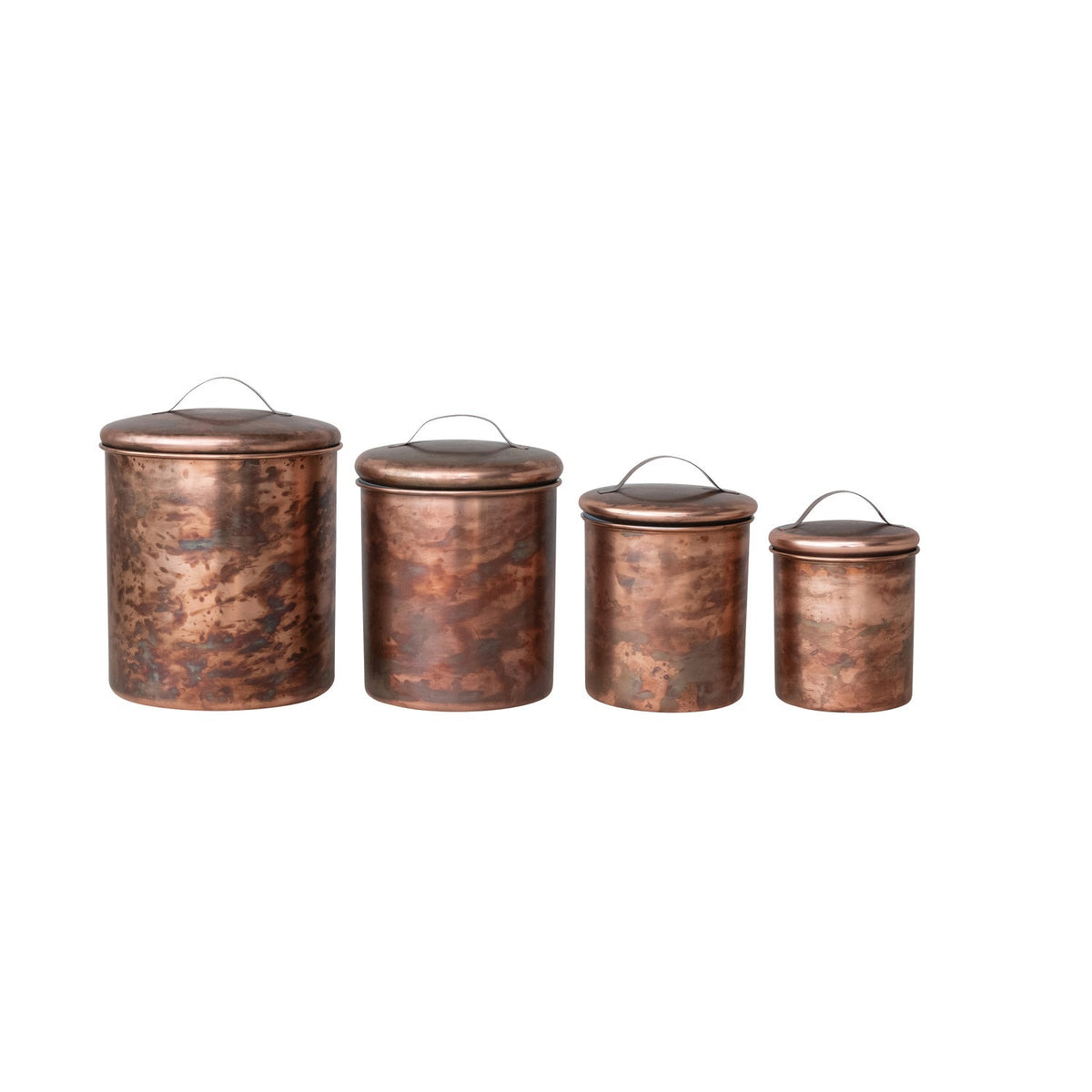 A top view of the CREATIVE COOP STAINLESS STEEL CANISTERS IN OXIDIZED COPPER FINISH, SET OF 4, featuring matching copper lids and arranged symmetrically on a white background.