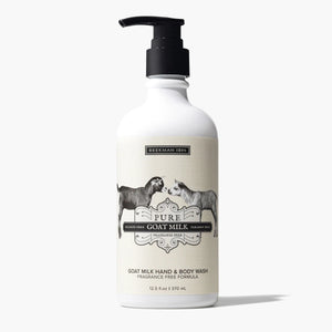 A bottle of BEEKMAN - PURE GOAT MILK HAND & BODY WASH by BEEKMAN - STA ELEMENTS with a white pump dispenser. The label features two goats facing each other and reads "Fragrance Free," "Paraben Free," and "12.5 fl oz / 370 ml." Boasting goat milk prebiotic for skin-healing properties, the vintage design is in classic black and white tones.
